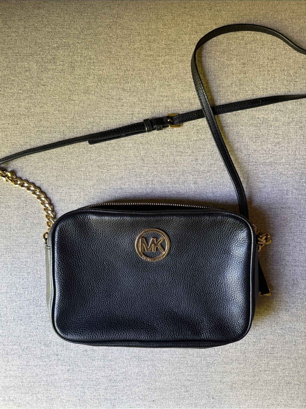 Michael Kors Black Pebbled Leather Crossbody with Gold Chain Detail